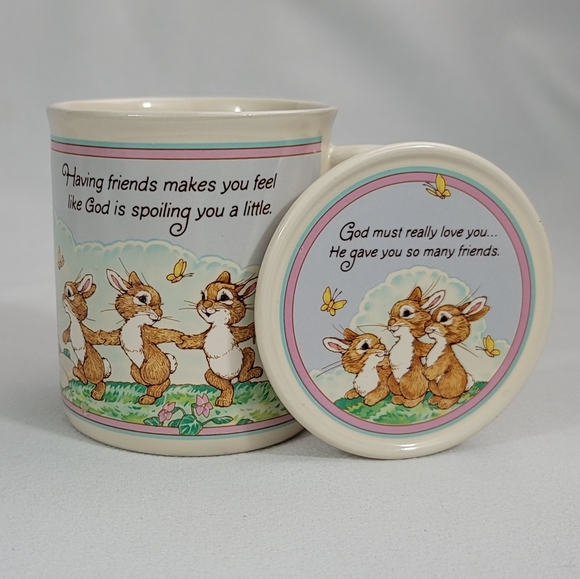 Vtg Hallmark Mug Mates Friendship Bunny Rabbits Squirrel Birds Mug And Lid - Picture 1 of 16